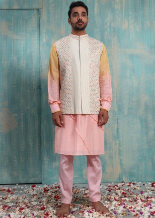 Shaded Yellow & Pink Kurta Pajama With Embroidered Jacket