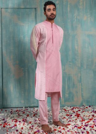 Pink Readymade Silk Asymmetric Kurta Pajama Set