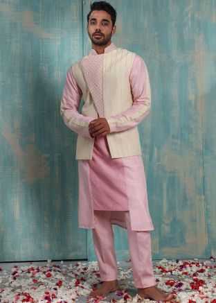 Pink Asymmetric Kurta Pajama With Embroidered Jacket