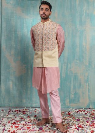 Pink Embroidered Kurta Pajama & Jacket In Silk