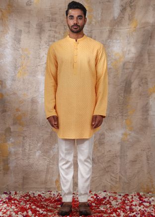 Yellow Thread Embroidered Silk Kurta Pajama