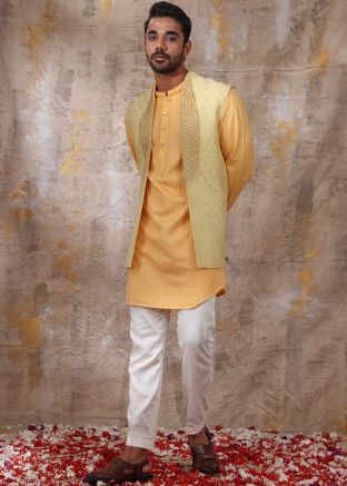 Yellow Embroidered Kurta Pajama With Jacket