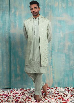 Green Embroidered Silk Kurta Pajama With Jacket