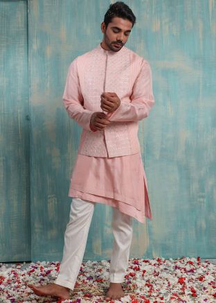 Pink Asymmetric Kurta Pajama With Embroidered Jacket