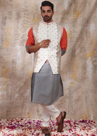 Shaded Orange & Grey Kurta Pajama & Embroidered Jacket