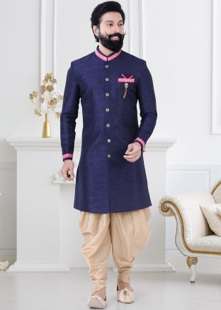 Navy Blue Mens Indo Western Sherwani With Dhoti