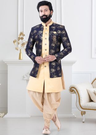 Golden Indo Western Sherwani & Attached Woven Jacket