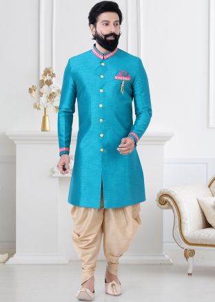Blue Silk Mens Indo Western Sherwani With Dhoti