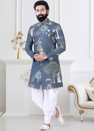Blue Woven Indo Western Sherwani With Dhoti