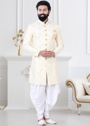 Mens Yellow Woven Indo Western Sherwani & Dhoti