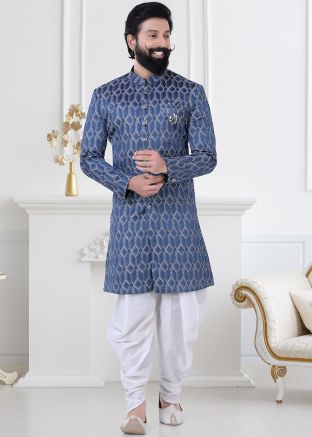 Navy Blue Embroidered Indo Western Sherwani Set