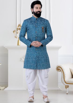 Blue Readymade Woven Indo Western Sherwani Set