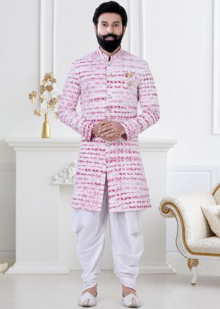 White Tie-Dye Printed Indo Western Sherwani & Dhoti