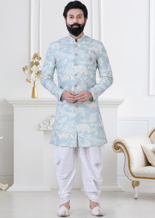 Blue Woven Mens Indo Western Sherwani & Dhoti