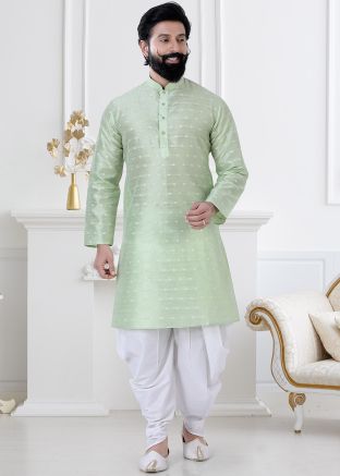 Green Woven Dhoti Kurta Set For Men