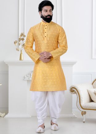 Readymade Yellow Woven Kurta Dhoti Set