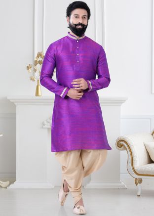 Readymade Purple Mens Kurta Dhoti Set