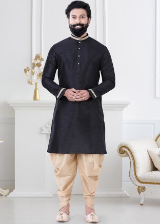 Black Readymade Mens Silk Kurta With Dhoti