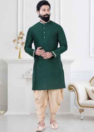 Green Readymade Mens Kurta With Dhoti