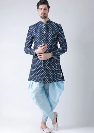 Navy Blue Printed Indo Western Sherwani & Dhoti For Men