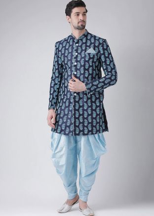 Navy Blue Printed Indo Western Sherwani In Dupion Silk