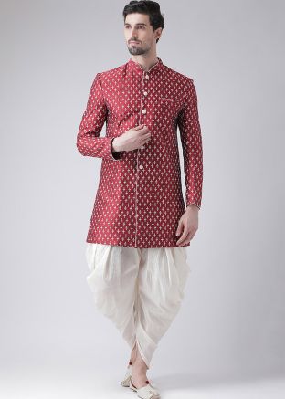 Maroon Indo Western Sherwani In Printed Work