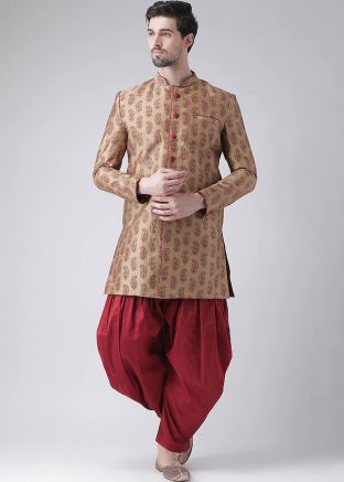 Readymade Golden Printed Indo Western Sherwani Set