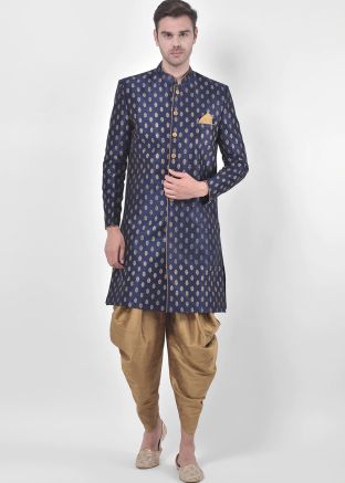 Navy Blue Printed Indo Western Sherwani & Dhoti