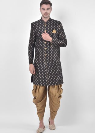 Black Printed Indo Western Sherwani With Dhoti