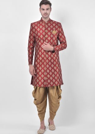 Maroon Printed Mens Indo Western Sherwani Set