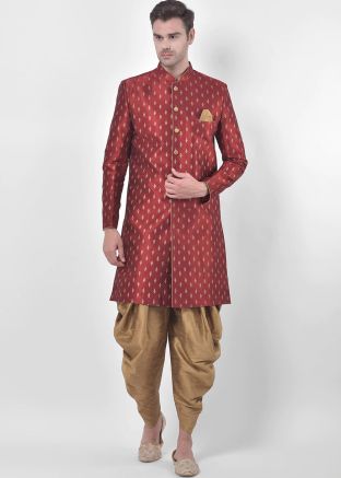 Readymade Maroon Printed Indo Western Sherwani