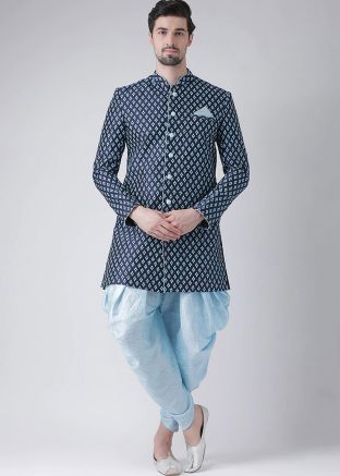 Navy Blue Indo Western Sherwani In Printed Style
