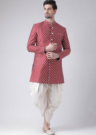Maroon Printed Mens Indo Western Sherwani Set