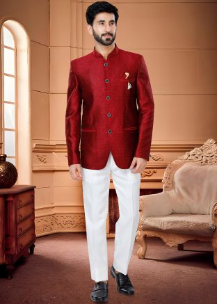 Mens Red Woven Bandhgala Jodhpuri Suit