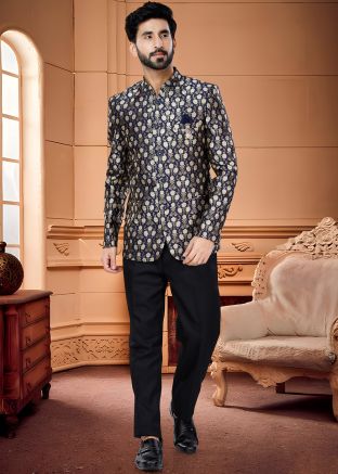 Navy Blue Woven Bandhgala Jodhpuri & Pant