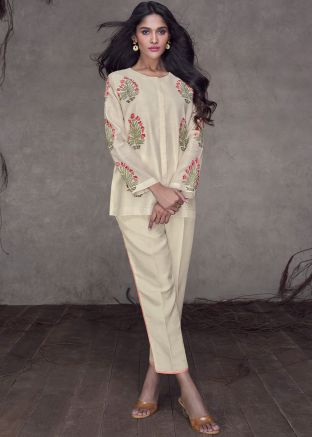 Cream Embroidered Co-Ord Silk Set 