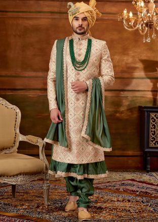 Golden Groomss Embroidered Anarkali Style Sherwani