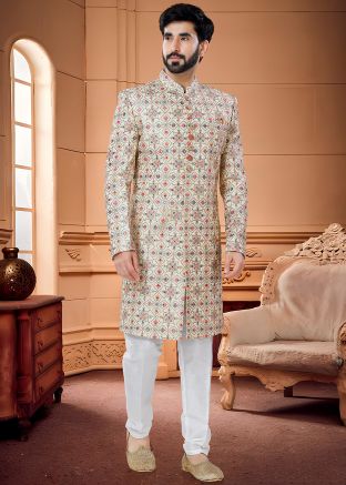 Golden Floral Embroidered Indo Western Sherwani In Silk