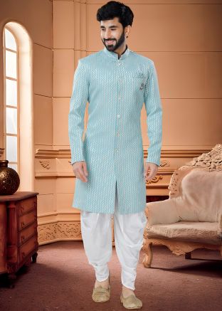 Blue Woven Indo Western Sherwani & Dhoti