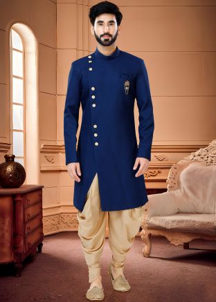 Blue Plain Mens Indo Western Sherwani Set