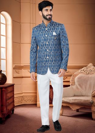 Blue Woven Mens Bandhgala Jpdhpuri Suit