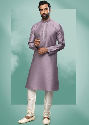 Purple Thread Embroidered Kurta Pajama In Art Silk