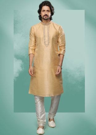 Beige Art Silk Kurta Pajama With Thread Embroidery