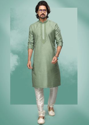 Green Art Silk Embroidered Kurta Pajama For Men
