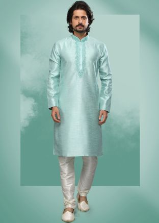 Blue Mens Thread Embroidered Kurta Pajama