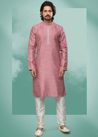 Pink Readymade Kurta Pajama Set With Thread Embroidery