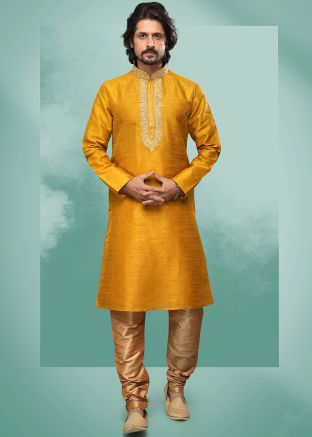 Yellow Festive Kurta Pajama Set With Mirror Work