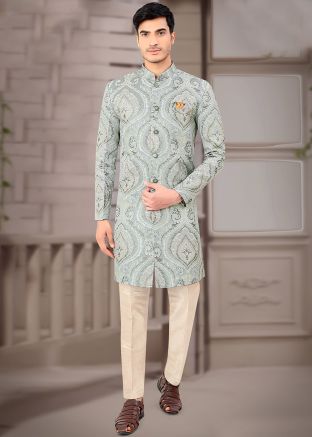 Readymade Green Woven Indo Western Sherwani Set