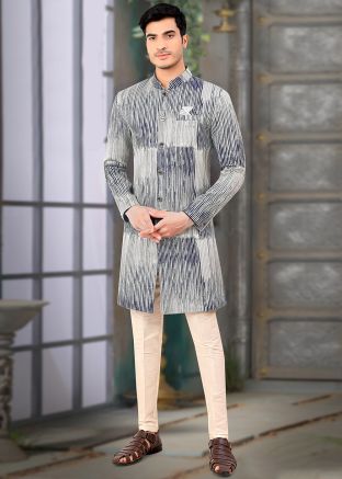 Blue Readymade Indo Western Sherwani Set