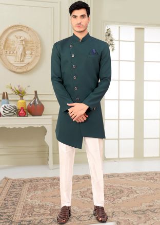 Green Asymmetric Mens Indo Western Sherwani